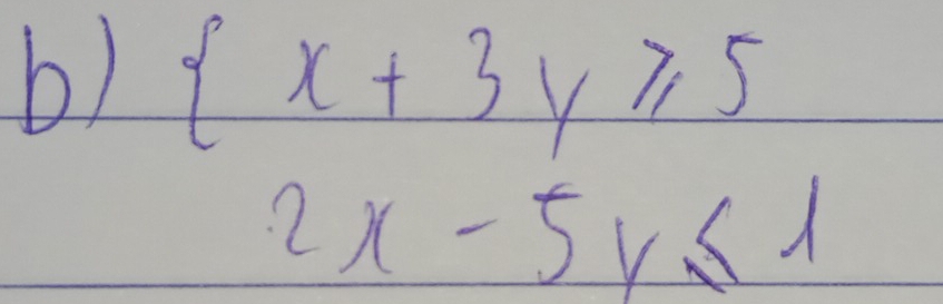  x+3y≥slant 5
2x-5y≤ 1