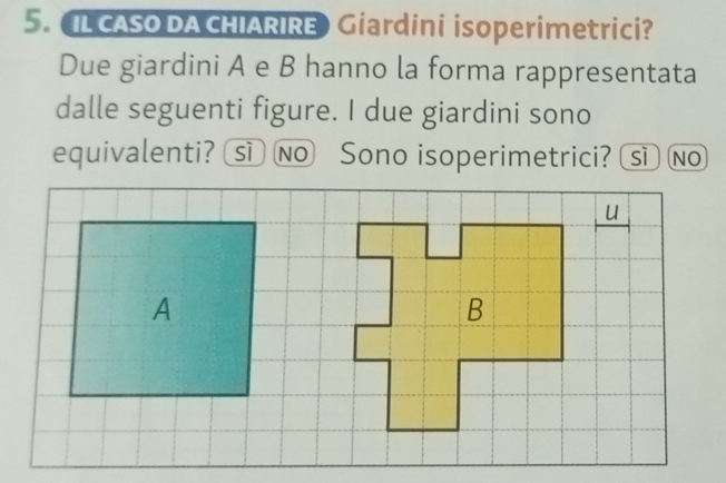 IL CASO DA CHIARIRE) Giardini isoperimetrici?
Due giardini A e B hanno la forma rappresentata
dalle seguenti figure. I due giardini sono
equivalenti? sì No Sono isoperimetrici? sì No
u
A