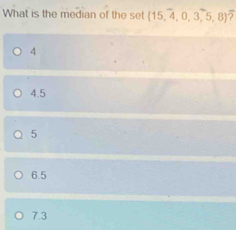 What is the median of the set  15,^-4,0,3,^-5,8 ?
4
4.5
5
6.5
7.3