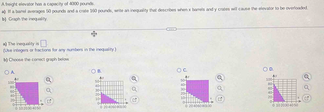 A freight elevator has a capacity of 4000 pounds. 
a) If a barrel averages 50 pounds and a crate 160 pounds, write an inequality that describes when x barrels and y crates will cause the elevator to be overloaded. 
b) Graph the inequality. 
a) The inequality is □. 
(Use integers or fractions for any numbers in the inequality.) 
b) Choose the correct graph below. 
D. 
A. 
B. 



a