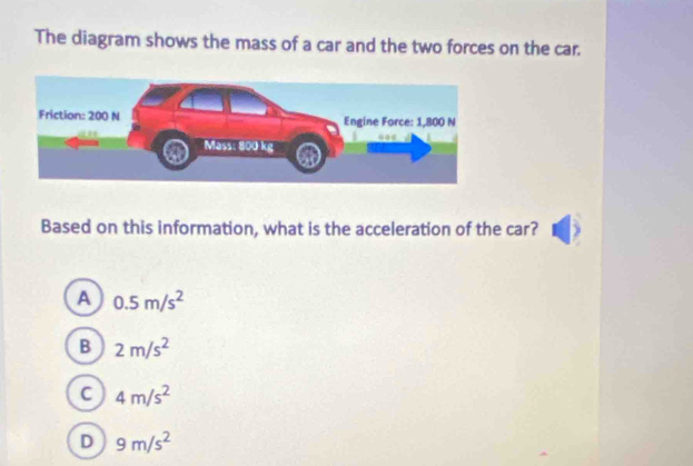 The diagram shows the mass of a car and the two forces on the car.
Based on this information, what is the acceleration of the car?
A 0.5m/s^2
B 2m/s^2
C 4m/s^2
D 9m/s^2