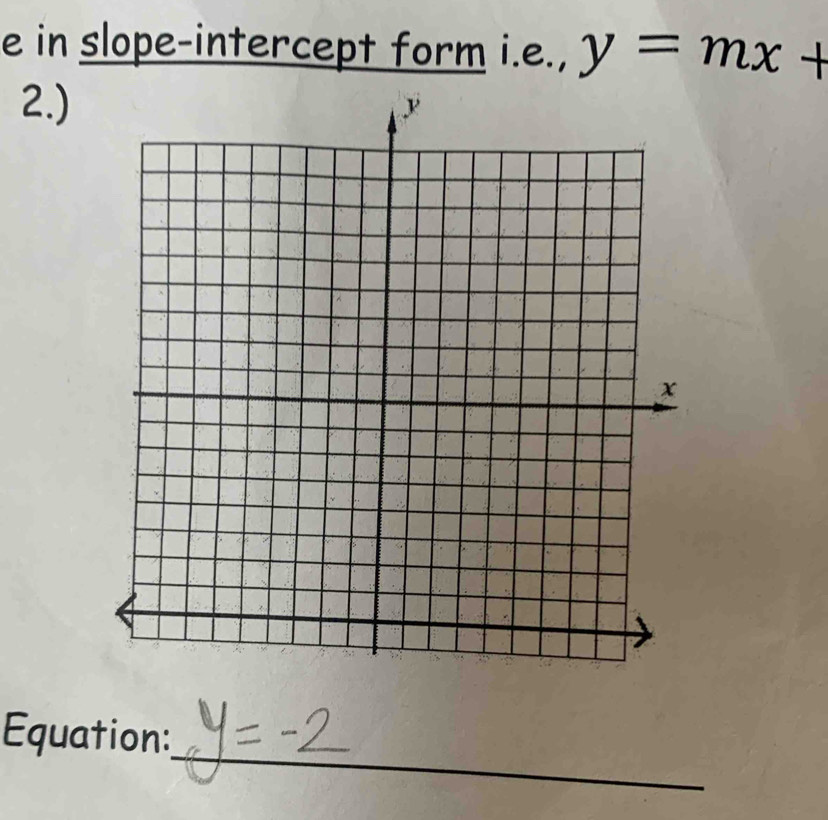 in slope-intercept form i.e., y=mx+
2.) 
_ 
Equation: