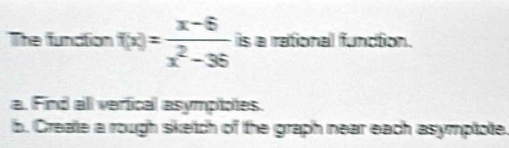 The function f(x)= (x-6)/x^2-36  is a rational function. 
a. Find all vertical asympiotes. 
b. Create a rough sketch of the graph near each asymptote.