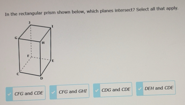 Solved: In the rectangular prism shown below, which planes intersect ...