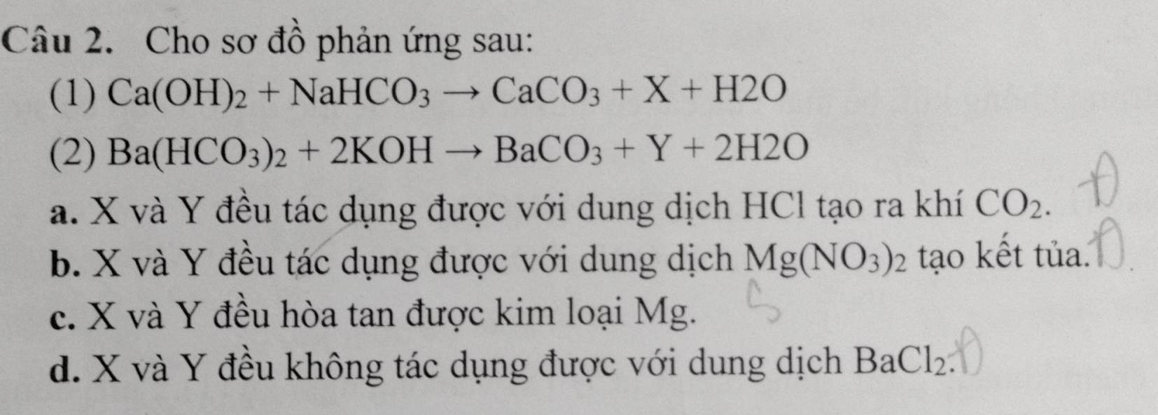 Cho sơ đồ phản ứng sau:
(1) Ca(OH)_2+NaHCO_3to CaCO_3+X+H2O
(2) Ba(HCO_3)_2+2KOHto BaCO_3+Y+2H2O
a. X và Y đều tác dụng được với dung dịch HCl tạo ra khí CO_2.
b. X và Y đều tác dụng được với dung dịch Mg(NO_3)_2 tạo kết tủa.
c. X và Y đều hòa tan được kim loại Mg.
d. X và Y đều không tác dụng được với dung dịch BaCl_2