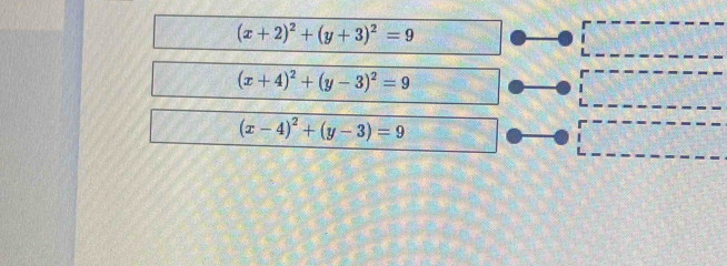 (x+2)^2+(y+3)^2=9
(x+4)^2+(y-3)^2=9
(x-4)^2+(y-3)=9