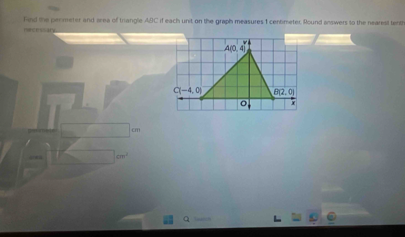 Solved: Find the perimeter and area of triangle ABC if each unit on the ...