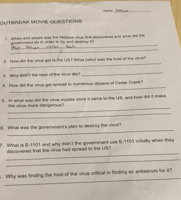 Solved: Name_ OUTBREAK MOVIE QUESTIONS 1. When and where was the Motaba ...