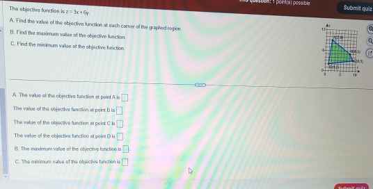 quisción: 1 point(s) possible Submít quiz
The objective function is z=3x+6y.
A. Find the value of the objective function at each corner of the graphed region.
B. Find the maximum value of the objective function.
Q
C. Find the minimum value of the objective function.
B
A. The value of the objective function at point A is □
The value of the objective function at point B is □
The value of the objective function at point C is □
The value of the objective function at point D is □ .
B. The maximum value of the objective function is □
C. The minimum value of the objective function is □