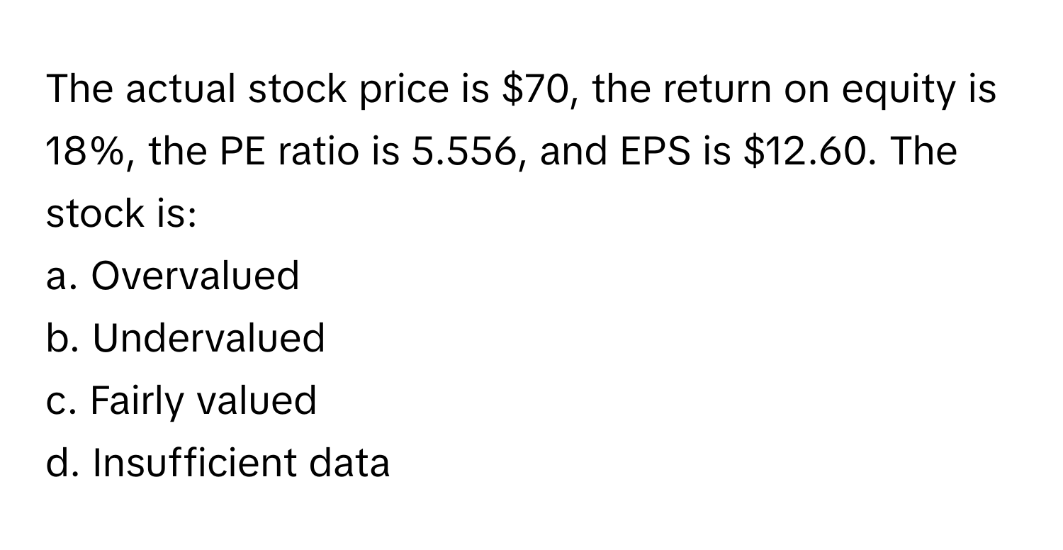 The actual stock price is $70, the return on equity is 18%, the PE ratio is 5.556, and EPS is $12.60. The stock is:

a. Overvalued
b. Undervalued
c. Fairly valued
d. Insufficient data