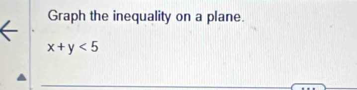 Graph the inequality on a plane.
x+y<5</tex>