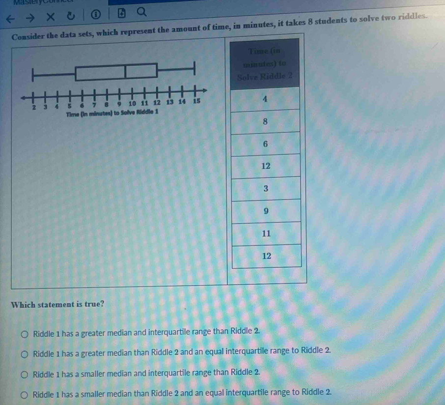 Mastery co n 
Consider the data sets, which represent the amount of time, in minutes, it takes 8 students to solve two riddles.
Which statement is true?
Riddle 1 has a greater median and interquartile range than Riddle 2.
Riddle 1 has a greater median than Riddle 2 and an equal interquartile range to Riddle 2.
Riddle 1 has a smaller median and interquartile range than Riddle 2.
Riddle 1 has a smaller median than Riddle 2 and an equal interquartile range to Riddle 2.