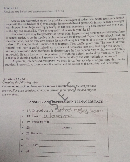 Practice 4.2 
Read the text below and answer questions 17 to 24. 
Anxiety and depression are serious problems teenagers of today face. Some teenagers cannot 
cope with the sudden loss of a loved one for instance a beloved granny. Or it may be that a teenager 
was dropped from the school rugby team. He has been practising very hard indeed and at the end 
of the day, the coach said, “You’re dropped!” How would you like it? 
Some teenagers may face problems at home. Mum keeps pushing her teenage child to perform 
in school grades, to be the top five in class or to aim for the post of Captain of the school. Dad, on 
the other hand, has his very own reason for not allowing his teen child to attend a birthday party 
unless...! For this, the child is snubbed at by his peers. They totally ignore him. The teen child finds 
himself lost! Very stressful indeed! An anxious and depressed teen may feel hopeless about life 
and very pessimistic about the future. In time to come, he may become very withdrawn and finally 
anti-social. He may lose interest in practically everything. School grades drop drastically. There’s 
a change in sleeping habits and appetite too. Either he sleeps and eats too little or too much! 
As parents, teachers and caregivers, we must do our best to help teenagers cope this mental 
problem. Please talk to them more often to find out the source of their anxiety and depression. 
Questions 17 - 24 
Complete the following table 
Choose no more than three words and/or a numberfrom the text for each 
answer. For each question, write your answer in the space provided on your 
answer sheet.
