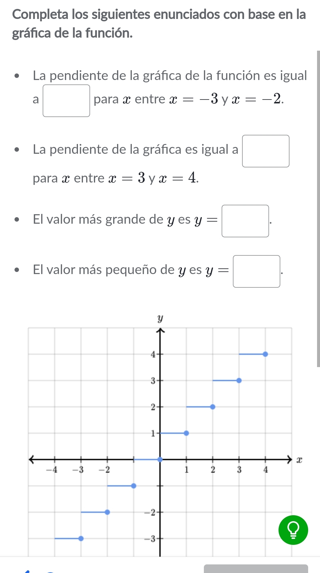 Completa los siguientes enunciados con base en la 
gráfica de la función. 
La pendiente de la gráfica de la función es igual 
a □ para x entre x=-3 y x=-2. 
La pendiente de la gráfica es igual a □ 
para x entre x=3 y x=4. 
El valor más grande de y es y=□. 
El valor más pequeño de y es y=□.