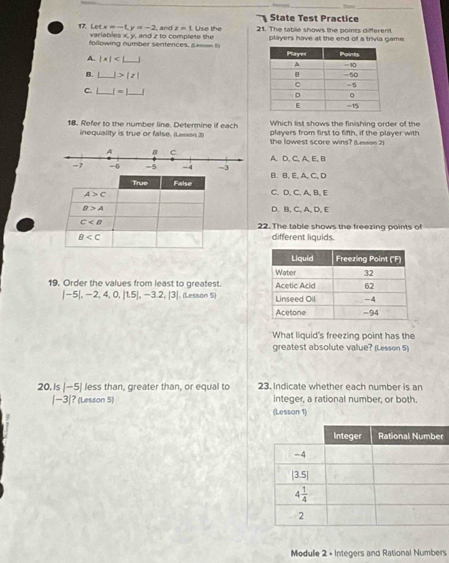 Date_
State Test Practice
17. Let x=-1. y=-2 and z=1 Use the 21. The table shows the points different
variables x_circ  y, and z to complete the players have at the end of a trivia game
following number sentences, (Lesson 5)
A. |x|
B. L |z|
C. I=|_ |
18. Refer to the number line. Determine if each Which list shows the finishing order of the
inequality is true or false. (Lesson 3) players from first to fifth, if the player with
the lowest score wins? (Lesson 2)
A. D, C, A, E,B
B. B, E, A, C, D
C. D, C. A, B, E
D. B, C,A,D, E
22. The table shows the freezing points of
different liquids.
19. Order the values from least to greatest.
|-5|,-2,4,0,|1.5|,-3.2,|3|. (Lesson 5) 
What liquid's freezing point has the
greatest absolute value? (Lesson 5)
20. s |-5| less than, greater than, or equal to 23. Indicate whether each number is an
|-3| ? (Lesson 5) integer, a rational number, or both.
(Lesson 1)
r
Module 2 • Integers and Rational Numbers