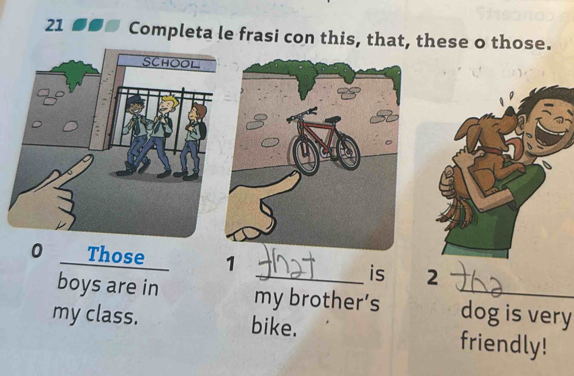 Completa le frasi con this, that, these o those. 
0 Those I
1
_is 2
boys are in _dog is very 
my brother’s 
my class. bike. friendly!