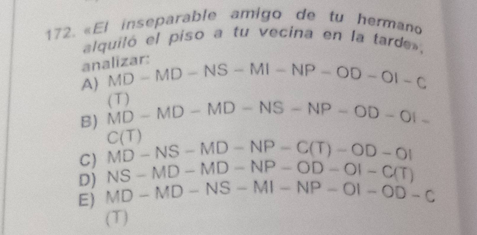 «El inseparable amigo de tu hermano
alquiló el piso a tu vecina en la tarde»,
an
A) MD-MD-NS-MI-NP-OD-OI-C
T
B) MD-MD-MD-NS-NP-OD-OI-
C(T)
C) MD-NS-MD-NP-C(T)-OD-OI
D) NS-MD-MD-NP-OD-OI-C(T)
E) MD-MD-NS-MI-NP-OI-OD-C
(T)