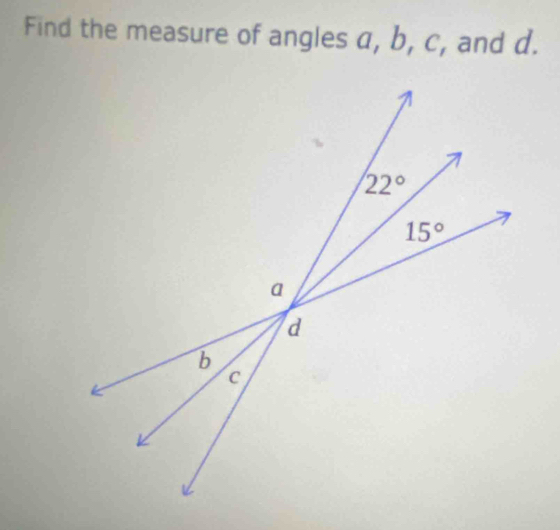 Find the measure of angles a, b, c, and d.