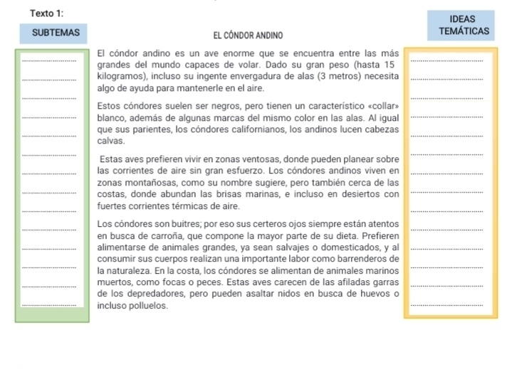 Texto 1: IDEAS
SUBTEMAS El cóNDOr Andino TEmÁtICAS
_
_
El cóndor andino es un ave enorme que se encuentra entre las más
grandes del mundo capaces de volar. Dado su gran peso (hasta 15
_kilogramos), incluso su ingente envergadura de alas (3 metros) necesita_
_
_
algo de ayuda para mantenerle en el aire.
Estos cóndores suelen ser negros, pero tienen un característico «collar»
_blanco, además de algunas marcas del mismo color en las alas. Al igual_
_
_
que sus parientes, los cóndores californianos, los andinos lucen cabezas
calvas.
_
_
Estas aves prefieren vivir en zonas ventosas, donde pueden planear sobre
_las corrientes de aire sin gran esfuerzo. Los cóndores andinos viven en_
_
zonas montañosas, como su nombre sugiere, pero también cerca de las
costas, donde abundan las brisas marinas, e incluso en desiertos con
_
_
_
fuertes corrientes térmicas de aire.
_
_
Los cóndores son buitres; por eso sus certeros ojos siempre están atentos
en busca de carroña, que compone la mayor parte de su dieta. Prefieren
_alimentarse de animales grandes, ya sean salvajes o domesticados, y al_
_
consumir sus cuerpos realizan una importante labor como barrenderos de
la naturaleza. En la costa, los cóndores se alimentan de animales marinos
_
_muertos, como focas o peces. Estas aves carecen de las afiladas garras_
_
de los depredadores, pero pueden asaltar nidos en busca de huevos o
incluso polluelos.
_