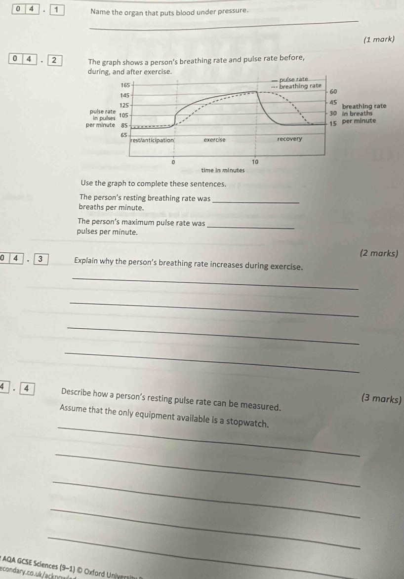0 4 1 Name the organ that puts blood under pressure. 
_ 
_ 
(1 mark) 
0 4 . 2 The graph shows a person’s breathing rate and pulse rate before, 
during, and after exercise.
165 puíse rate 
---breathing rate
145
60
A5
125 breathing rate 
pulse rate 105
in pulses 30 in breaths 
per minute 85
65 15 per minute
rest/anticipation exercise recovery 
0
10
time in minutes
Use the graph to complete these sentences. 
The person’s resting breathing rate was_ 
breaths per minute. 
The person’s maximum pulse rate was_ 
pulses per minute. 
(2 marks) 
0 4 3 Explain why the person’s breathing rate increases during exercise. 
_ 
_ 
_ 
_ 
4 . 4 Describe how a person’s resting pulse rate can be measured. 
(3 marks) 
_ 
Assume that the only equipment available is a stopwatch. 
_ 
_ 
_ 
_ 
* AQA GCSE Sciences (9-1) © Oxford Universit 
econdary.co.uk/acknm