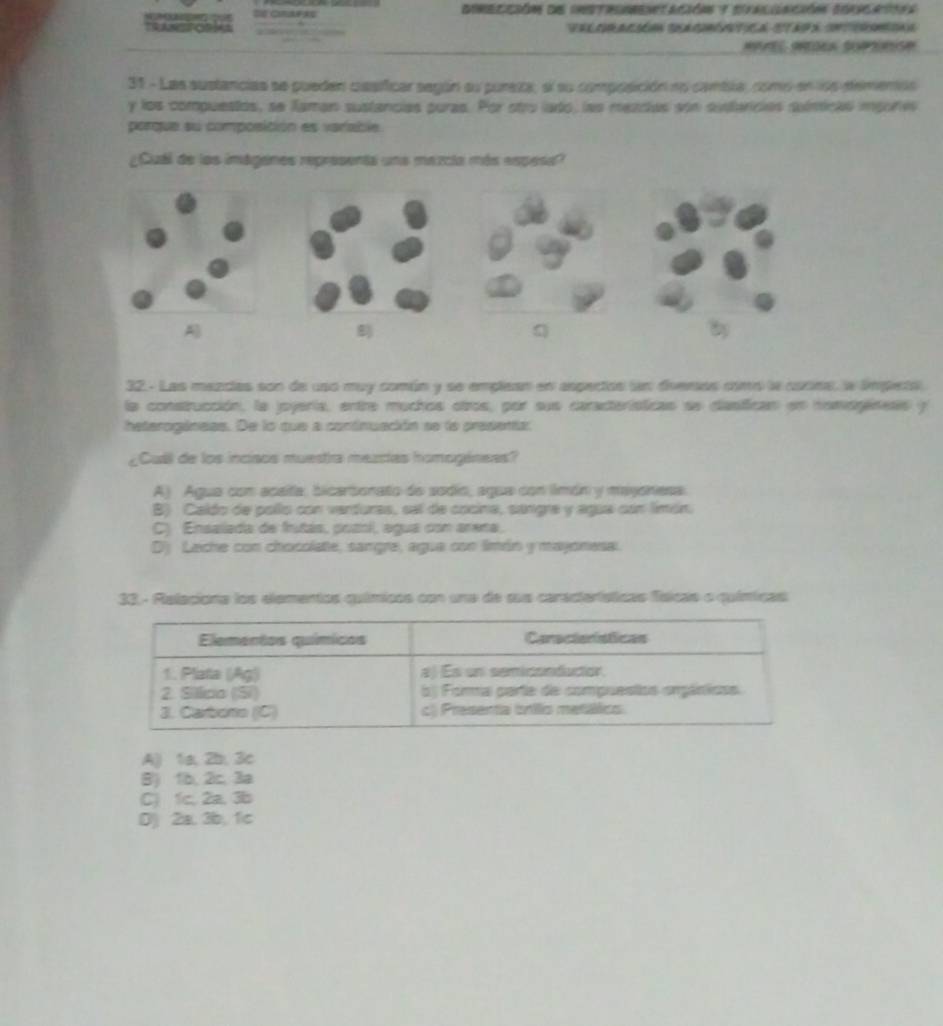 Dinección de instrumenetacións y sfaluación corscaioaa
RANSFORMA Velcración Cacrctia stada cntirmian
31 - Las sustancias se pueden casíficar según su pureza, el su composción no canbla, como en los dementan
y los compuestos, se faman sustancias puras. Por otro lado, las mezcas son outaricies símicas impores
porque su composición es varable
¿Cuál de los imágenes reprosenta una mazcia más espesa?
A

32 - Las mazclas son de uso muy común y se emplean en aspectos (an diveros como le cscina, a lmpetsl
la construcción, la joyería, entre muchos otros, por sus caracteristicas se diasitican en nomorjness y
heterogáneas. De lo que a contnuación se le presenta:
¿Cual de los incisos muestra mezcías homogáneas?
A) Agua con acaíta, bicarbonato de sodio, agua con limón y mayonesa.
B) Caldo de pollo con verturas, sel de cocina, sangre y agua con límón.
C) Ensalada de frutás, pozol, agua con arena,
Dj Lache con chocolate, sangre, agua con limán y mayonesa.
38 - Releciona los elementos químicos con una de sus características Tdicas o químicas
A) 1a, 2b, 3c
B) fb, 2c, 3a
C) 1c, 2a, 3b
D) 2a. 3b, 1c