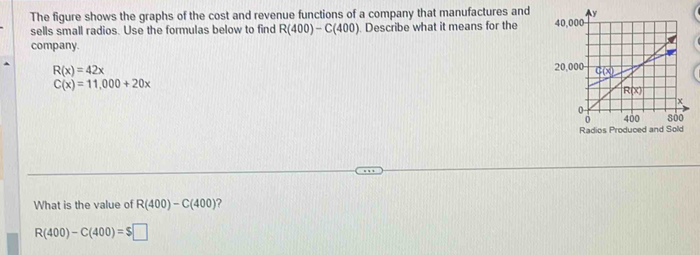 The figure shows the graphs of the cost and revenue functions of a company that manufactures and 
sells small radios. Use the formulas below to find R(400)-C(400). Describe what it means for the 4
company.
R(x)=42x
2
C(x)=11,000+20x
Radios Produced and Sold
What is the value of R(400)-C(400)
R(400)-C(400)=$□