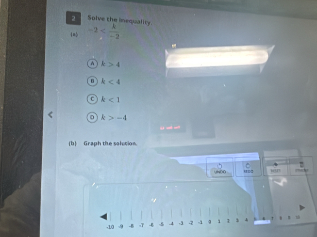 Solve the inequality.
(a) -2
a k>4
B k<4</tex>
C k<1</tex>
D k>-4
U zé wi
(b) Graph the solution.
UNDO Rn mady
