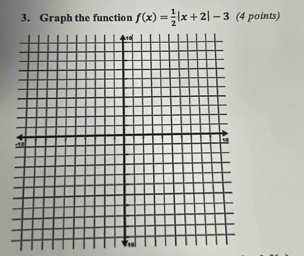 Graph the function f(x)= 1/2 |x+2|-3 (4 points) 
v10l