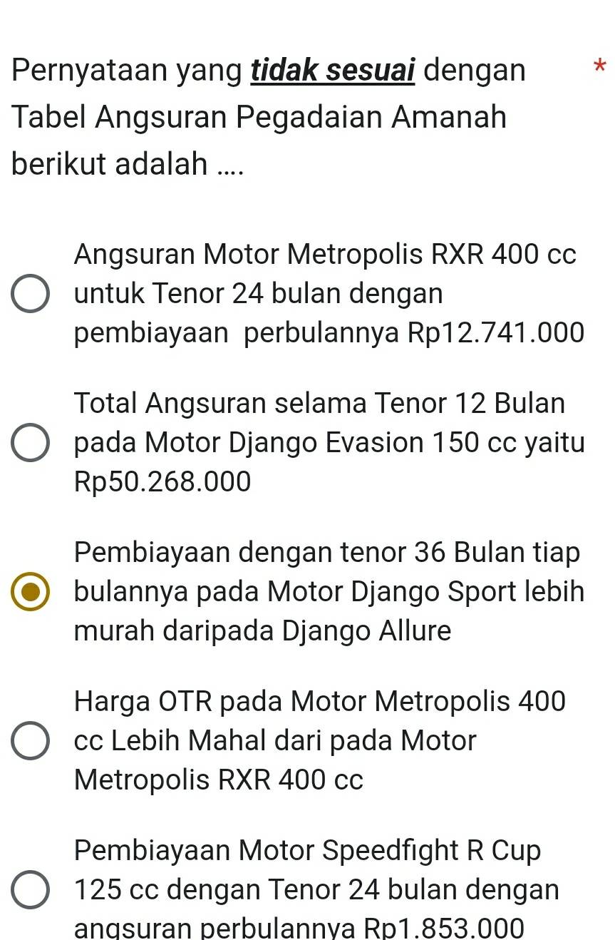 Pernyataan yang tidak sesuai dengan *
Tabel Angsuran Pegadaian Amanah
berikut adalah ....
Angsuran Motor Metropolis RXR 400 cc
untuk Tenor 24 bulan dengan
pembiayaan perbulannya Rp12.741.000
Total Angsuran selama Tenor 12 Bulan
pada Motor Django Evasion 150 cc yaitu
Rp50.268.000
Pembiayaan dengan tenor 36 Bulan tiap
bulannya pada Motor Django Sport lebih
murah daripada Django Allure
Harga OTR pada Motor Metropolis 400
cc Lebih Mahal dari pada Motor
Metropolis RXR 400 cc
Pembiayaan Motor Speedfight R Cup
125 cc dengan Tenor 24 bulan dengan
angsuran perbulannva Rp1.853.000