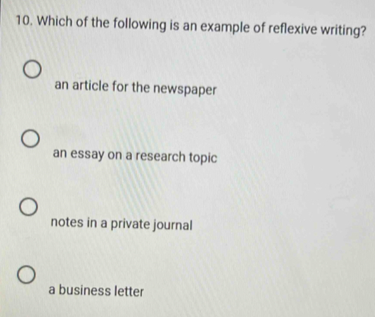 Which of the following is an example of reflexive writing?
an article for the newspaper
an essay on a research topic
notes in a private journal
a business letter