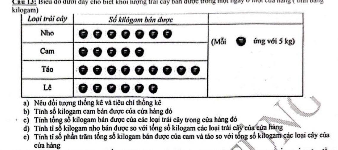 Cau 13: Biểu đồ đưới đay chổ biết khổi lượng trai cây bản được trong một ngày 6 một của hàng ( tỉnh bằng 
a) Nêu đối tượng thống kê và tiêu chí thống kê 
b) Tính số kilogam cam bán được của cửa hàng đó 
c) Tính tổng số kilogam bán được của các loại trái cây trong cửa hàng đó 
d) Tính tỉ số kilogam nho bán được so với tổng số kilogam các loại trái cây của cửa hàng 
e) Tính tỉ số phần trăm tổng số kilogam bán được của cam và táo so với tổng số kilogam các loại cây của 
cửa hàng