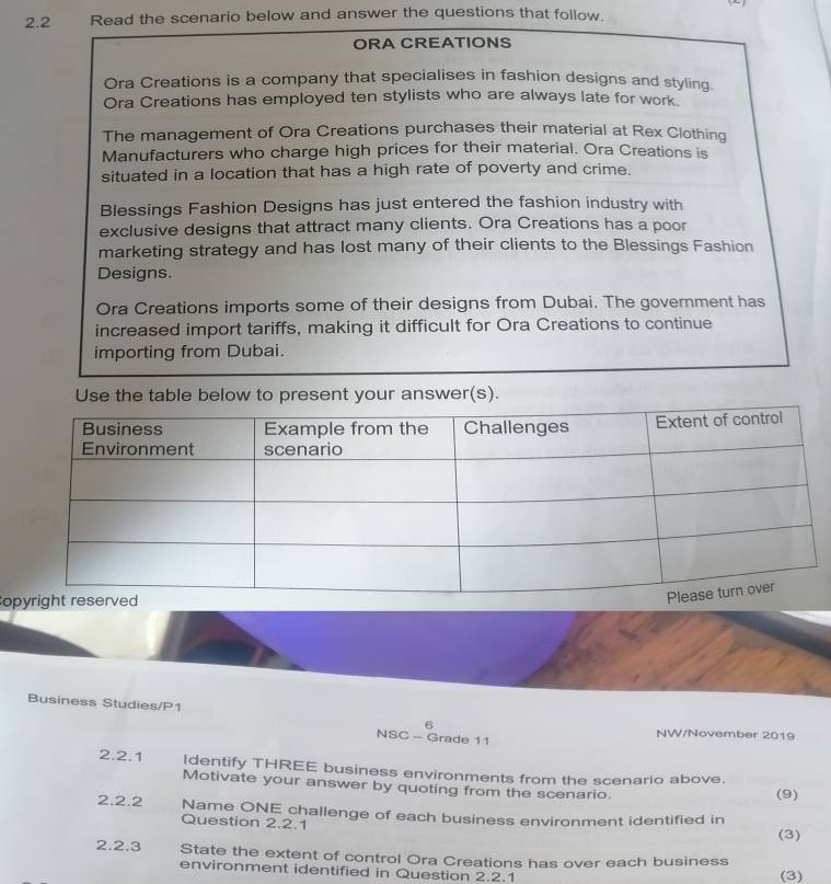 2.2 Read the scenario below and answer the questions that follow. 
ORA CREATIONS 
Ora Creations is a company that specialises in fashion designs and styling. 
Ora Creations has employed ten stylists who are always late for work 
The management of Ora Creations purchases their material at Rex Clothing 
Manufacturers who charge high prices for their material. Ora Creations is 
situated in a location that has a high rate of poverty and crime. 
Blessings Fashion Designs has just entered the fashion industry with 
exclusive designs that attract many clients. Ora Creations has a poor 
marketing strategy and has lost many of their clients to the Blessings Fashion 
Designs. 
Ora Creations imports some of their designs from Dubai. The government has 
increased import tariffs, making it difficult for Ora Creations to continue 
importing from Dubai. 
Use the table below to present your answer(s). 
o 
Business Studies/P1 
6 NW/November 2019 
NSC - Grade 11 
2.2.1 [dentify THREE business environments from the scenario above. 
Motivate your answer by quoting from the scenario. (9) 
2.2.2 Name ONE challenge of each business environment identified in 
Question 2.2.1 
(3) 
2.2.3 State the extent of control Ora Creations has over each business 
environment identified in Question 2.2.1 (3)
