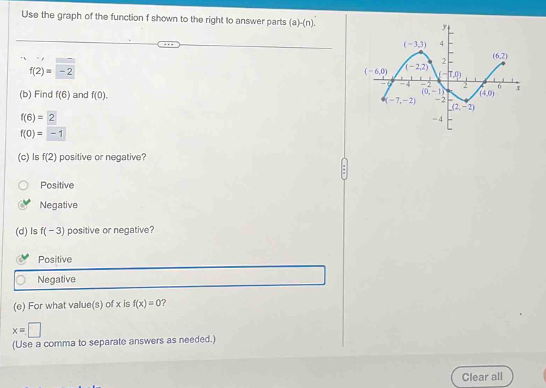 Use the graph of the function f shown to the right to answer parts (a)-(n).
f(2)=-2
(b) Find f(6) and f(0).
f(6)=2
f(0)=-1
(c) ls f(2) positive or negative?
Positive
Negative
(d)Is f(-3) positive or negative?
Positive
Negative
(e) For what value(s) of x is f(x)=0 ?
x=□
(Use a comma to separate answers as needed.)
Clear all