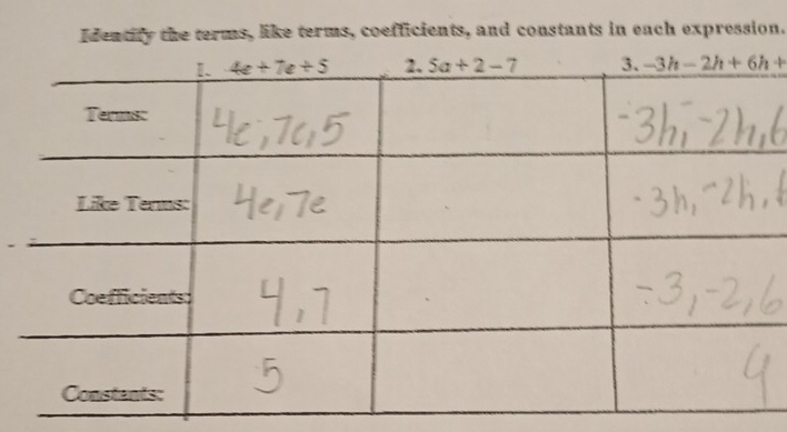 Identify the terms, like terms, coefficients, and constants in each expression.