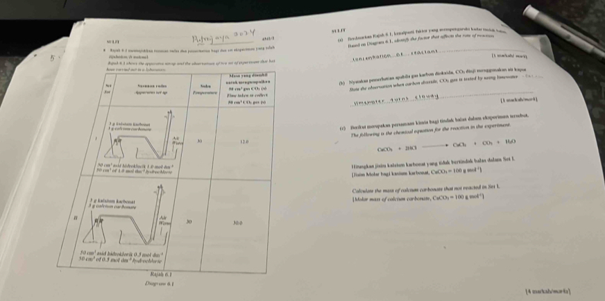 sur
lased on Disgras 6.1, sluanfy the factor that affects she rots of reactss
#  Rajah i 1 camejatian corman rels das prosrtanan bagt das eo elapecimeo yona tlab  Sedsarias Hajsh f.E, kenatpasti faor yang memponganin lodar modk a 
sī īn
ojabdm t muk ma l
conienbation..Dr.. rraciant
     
Aome cerind mot in a lahorators dapad i I ahows the opporams sirop and the asertumet of too set of stpersment that ha
Masn yong dieeabil
,. Eegerenme Nusho macek mregumpalka u (b) Nyaakau pemerlatian spabila gae karbon diokaida, CCs dīnji menggonakan air kapos
Suseson redas 8 cm³ gas CO; (1)
Sats the obsernation when carbon dtactls. COn gas is texted by ning limewate - 
Time taken as collect
83 cm³ CO: go D
_
[ 1 madicah/mork]
e    o A  g kahousa Karbvon
() Berikut merupakan persamaan kimia bagi tindak balat dabam ekoperimen wrsbua.
The following is the chemival equation for the reaction in the experiment.
30 12.0
CaCO_3+HClto CaCl_3+CO_2+H_2O
30 cm³ of 10 mol dm " AvdroeMorr 50 cm² avd Iddroklacik 1.0 mol dm 
Mitungkan jisim kalsium karbonat yang tidak bervindak balas dalam Set I
Jaías Molar bagi kaium karbonat CaCO_3=100gmol^(-1))
a
Calculate the mass of calctum carbonate that not reacted in Set L
À  g calctum car bosare 3 g kalsóm kacbonat  Molar maxs of calcium corbonate CaCO_3=100gmol^(-1))
u Air 30 30.0
m
10cm
1^2+48° of 0 5 m * asid bidrokdorik 0.5 mol dn ''
dm° * Androchforie
Rajah 6.1
Discgr a t
[4 markah/marka]