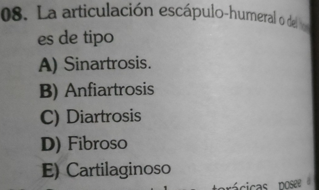 La articulación escápulo-humeral o del h
es de tipo
A) Sinartrosis.
B) Anfiartrosis
C) Diartrosis
D) Fibroso
E) Cartilaginoso
pácicas posee a