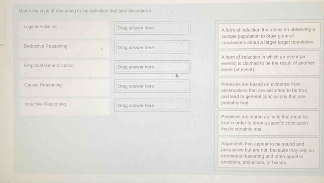 Match the style of reasoning to the definition that best describes it.
Logical Fallacies Drag answer here A form of induction that relies on observing a
sample population to draw general
Deductive Reasoning Drag answer here conclusions about a larger target population.
A form of induction in which an event (or
Empirical Generalization Drag answer here event (or event) events) is claimed to be the result of another
Premises are based on evidence from
Causal Reasoning Drag answer here observations that are assumed to be true,
and lead to general conclusions that are
Inductive Reasoning Drag answer here probably true.
Premises are stated as facts that must be
true in order to draw a specific conclusion
that is certainly true.
Arguments that appear to be sound and
persuasive but are not, because they rely on
erroneous reasoning and often appel to
emotions, prejudices, or biases.