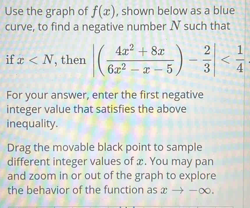 Use the graph of f(x) , shown below as a blue 
curve, to find a negative number N such that 
if x , then |( (4x^2+8x)/6x^2-x-5 )- 2/3 |
For your answer, enter the first negative 
integer value that satisfies the above 
inequality. 
Drag the movable black point to sample 
different integer values of x. You may pan 
and zoom in or out of the graph to explore 
the behavior of the function as x- to -∈fty