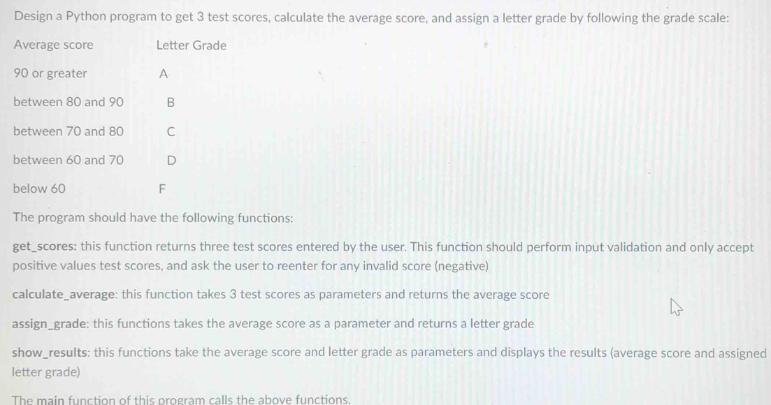 Solved: Design a Python program to get 3 test scores, calculate the ...