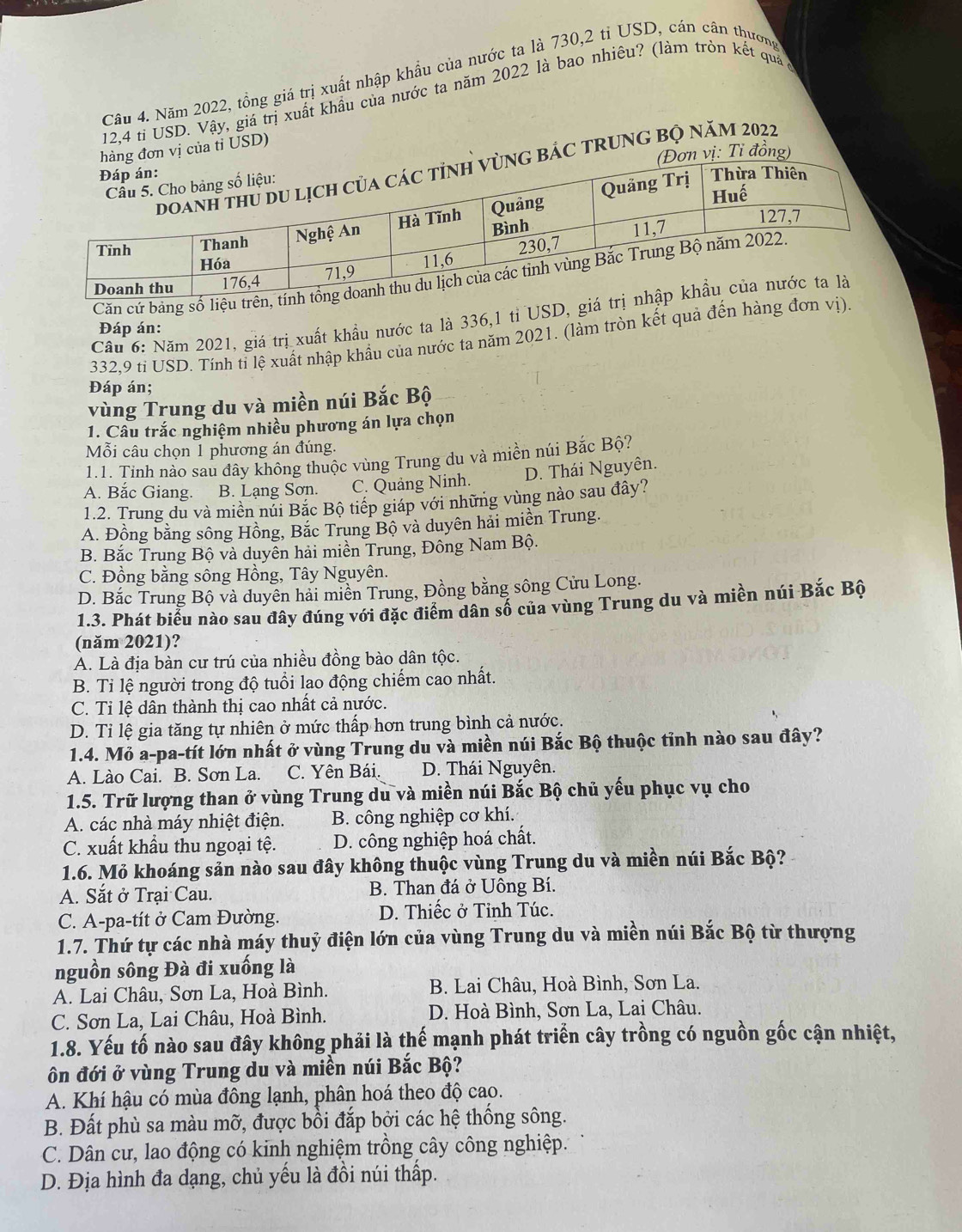 Năm 2022, tồng giá trị xuất nhập khẩu của nước ta là 730,2 tỉ USD, cán cân thương
12,4 ti USD. Vậy, giá trị xuất khẩu của nước ta năm 2022 là bao nhiêu? (làm tròn kết quả ở
n vị của tỉ USD)
Tỉ đồng)
ảc trung bộ năm 2022
Căn cứ bảng số liệu t
Câu 6: Năm 2021, giá trị xuất khẩu nước ta là 336,1 tỉ USD, giá 
Đáp án:
332,9 tỉ USD. Tính tỉ lệ xuất nhập khẩu của nước ta năm 2021. (làm tròn kết quả đến hàng đơn vị)
Đáp án;
vùng Trung du và miền núi Bắc Bộ
1. Câu trắc nghiệm nhiều phương án lựa chọn
Mỗi câu chọn 1 phương án đúng.
1.1. Tỉnh nào sau đây không thuộc vùng Trung du và miền núi Bắc Bộ?
A. Bắc Giang. B. Lạng Sơn. C. Quảng Ninh. D. Thái Nguyên.
1.2. Trung du và miền núi Bắc Bộ tiếp giáp với những vùng nào sau đây?
A. Đồng bằng sông Hồng, Bắc Trung Bộ và duyên hải miền Trung.
B. Bắc Trung Bộ và duyễn hải miền Trung, Đông Nam Bộ.
C. Đồng bằng sông Hồng, Tây Nguyên.
D. Bắc Trung Bộ và duyên hải miền Trung, Đồng bằng sông Cửu Long.
1.3. Phát biểu nào sau đây đúng với đặc điểm dân số của vùng Trung du và miền núi Bắc Bộ
(năm 2021)?
A. Là địa bàn cư trú của nhiều đồng bào dân tộc.
B. Tỉ lệ người trong độ tuổi lao động chiếm cao nhất.
C. Tỉ lệ dân thành thị cao nhất cả nước.
D. Ti lệ gia tăng tự nhiên ở mức thấp hơn trung bình cả nước.
1.4. Mỏ a-pa-tít lớn nhất ở vùng Trung du và miền núi Bắc Bộ thuộc tỉnh nào sau đây?
A. Lào Cai. B. Sơn La. C. Yên Bái. D. Thái Nguyên.
1.5. Trữ lượng than ở vùng Trung du và miền núi Bắc Bộ chủ yếu phục vụ cho
A. các nhà máy nhiệt điện. B. công nghiệp cơ khí.
C. xuất khẩu thu ngoại tệ. D. công nghiệp hoá chất.
1.6. Mỏ khoáng sản nào sau đây không thuộc vùng Trung du và miền núi Bắc Bộ?
A. Sắt ở Trại Cau. B. Than đá ở Uông Bí.
C. A-pa-tít ở Cam Đường. D. Thiếc ở Tỉnh Túc.
1.7. Thứ tự các nhà máy thuỷ điện lớn của vùng Trung du và miền núi Bắc Bộ từ thượng
nguồn sông Đà đi xuống là
A. Lai Châu, Sơn La, Hoà Bình.  B. Lai Châu, Hoà Bình, Sơn La.
C. Sơn La, Lai Châu, Hoà Bình. D. Hoà Bình, Sơn La, Lai Châu.
1.8. Yếu tố nào sau đây không phải là thế mạnh phát triển cây trồng có nguồn gốc cận nhiệt,
ôn đới ở vùng Trung du và miền núi Bắc Bộ?
A. Khí hậu có mùa đông lạnh, phân hoá theo độ cao.
B. Đất phù sa màu mỡ, được bồi đắp bởi các hệ thống sông.
C. Dân cư, lao động có kinh nghiệm trồng cây công nghiệp.
D. Địa hình đa dạng, chủ yếu là đồi núi thấp.