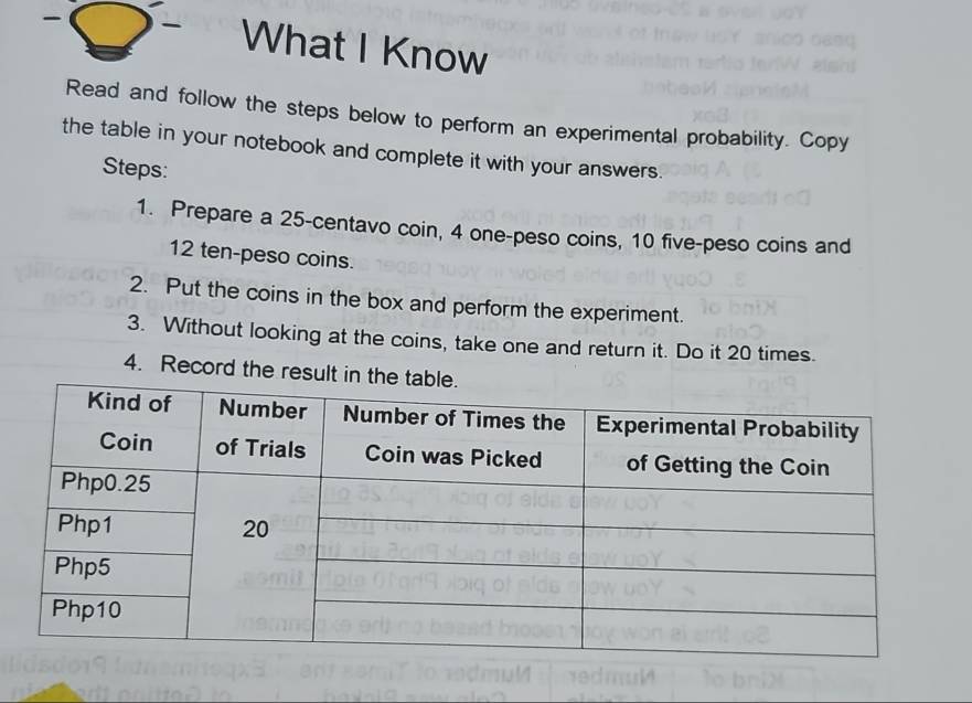 What I Know 
Read and follow the steps below to perform an experimental probability. Copy 
the table in your notebook and complete it with your answers. 
Steps: 
1. Prepare a 25-centavo coin, 4 one-peso coins, 10 five-peso coins and
12 ten-peso coins. 
2. Put the coins in the box and perform the experiment. 
3. Without looking at the coins, take one and return it. Do it 20 times. 
4. Record the result in