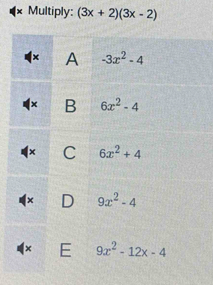 Multiply: (3x+2)(3x-2)