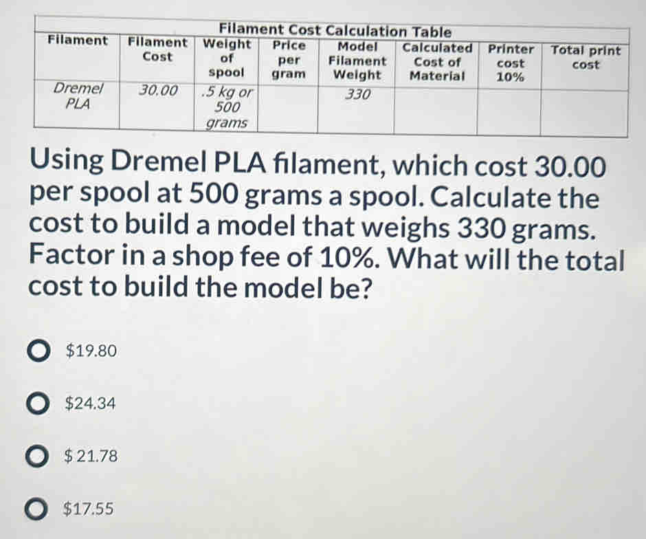 Using Dremel PLA fılament, which cost 30.00
per spool at 500 grams a spool. Calculate the
cost to build a model that weighs 330 grams.
Factor in a shop fee of 10%. What will the total
cost to build the model be?
$19.80
$24.34
$ 21.78
$17.55