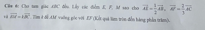 Cho tam giác ABC đều. Lấy các điểm E, F, M sao cho vector AE= 1/2 vector AB, vector AF= 2/3 vector AC
và vector BM=kvector BC. Tìm k để AM vuông góc với EF (Kết quả làm tròn đến hàng phần trăm).