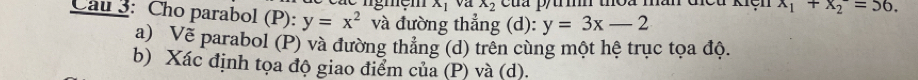 ủa pytìh thoa mần đều kiện x_1+x_2=56. 
Cau 3: Cho parabol (P): y=x^2 và đường thẳng (d): y=3x-2
a) Về parabol (P) và đường thẳng (d) trên cùng một hệ trục tọa độ.
b) Xác định tọa độ giao điểm của (P) và (d).