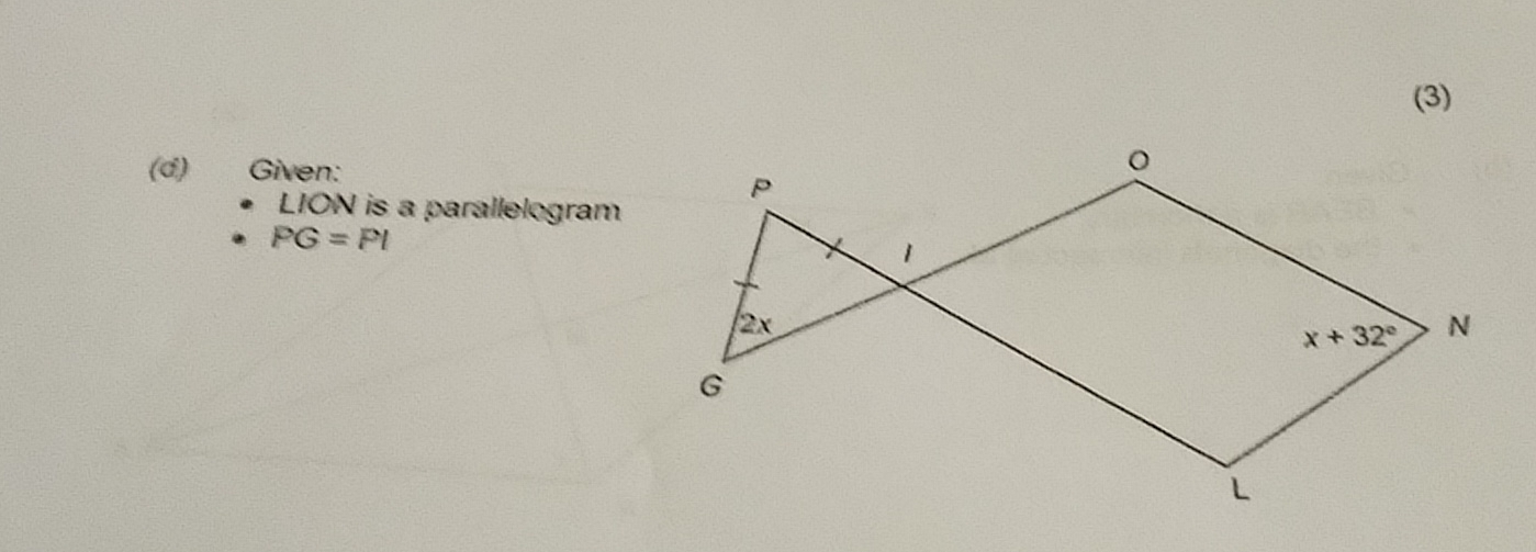 (3)
(đ) Given:
LION is a parallelogram
PG=PI