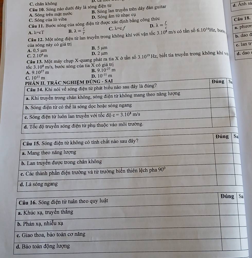 C. chân không
Câu 10. Sóng nào dưới đây là sóng điện từ
d. Ảnh sá
A. Sóng trên mặt nước B. Sóng lan truyền trên dây đàn guitar
C. Sóng của lò viba D. Sóng âm từ nhạc cụ
Câu 11. Bước sóng của sóng điện từ được xác định bằng công thức
.
A. lambda =cT B. lambda = c/T  C. lambda =c.f D. lambda = f/c 
r
đ
Câu 12. Một sóng điện từ lan truyền trong không khí với vận tốc 3.10^8m/s s có tần số 6.10^(14)Hz ,bước
của sóng này có giá trị tr
A. 0,5 μm B. 5 μm
C. 2.10^6m D. 2 μm
Câu 13. Một máy chụp X-quang phát ra tia X ở tần số 3.10^(19)Hz , biết tia truyền trong không khí vớo
tốc 3.10^8m/s s, bước sóng của tia X có giá trị
A. 9.10^(27)m B. 9.10^(-27)m
C. 10^(11)m
D. 10^(-11)m
