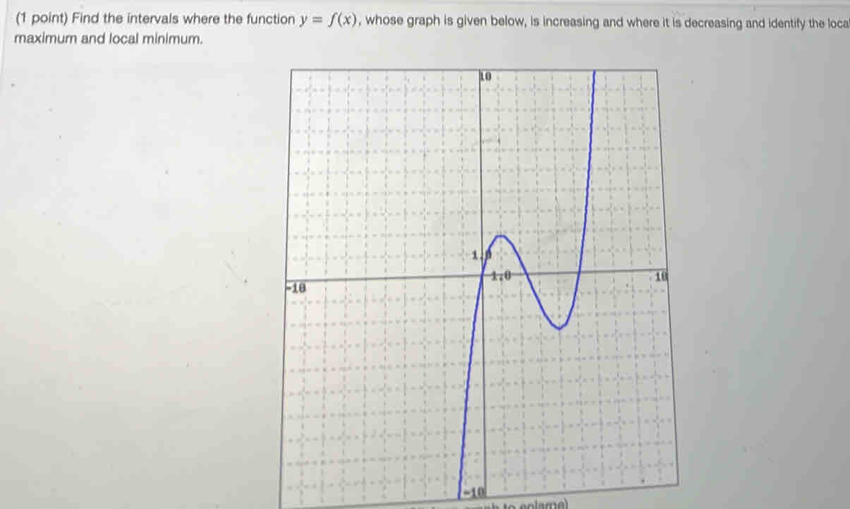 Find the intervals where the function y=f(x) , whose graph is given below, is increasing and where it is decreasing and identify the loca 
maximum and local minimum.
~10