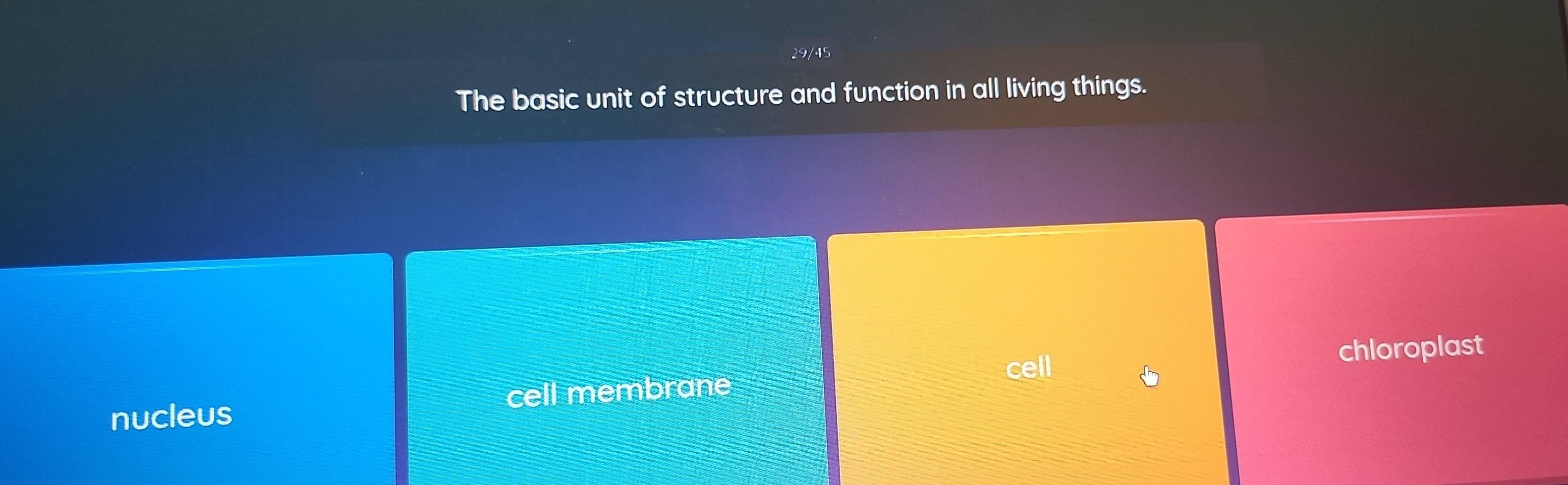 29/45
The basic unit of structure and function in all living things.
cell
nucleus cell membrane chloroplast