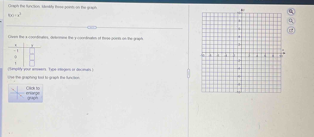 Graph the function. Identify three points on the graph
f(x)=x^3
z
Given the x-coordinates, determine the y-coordinates of three points on the graph. 

(Simplify your answers. Type integers or decimals.) 
Use the graphing tool to graph the function. 
Click to 
enlarge 
graph